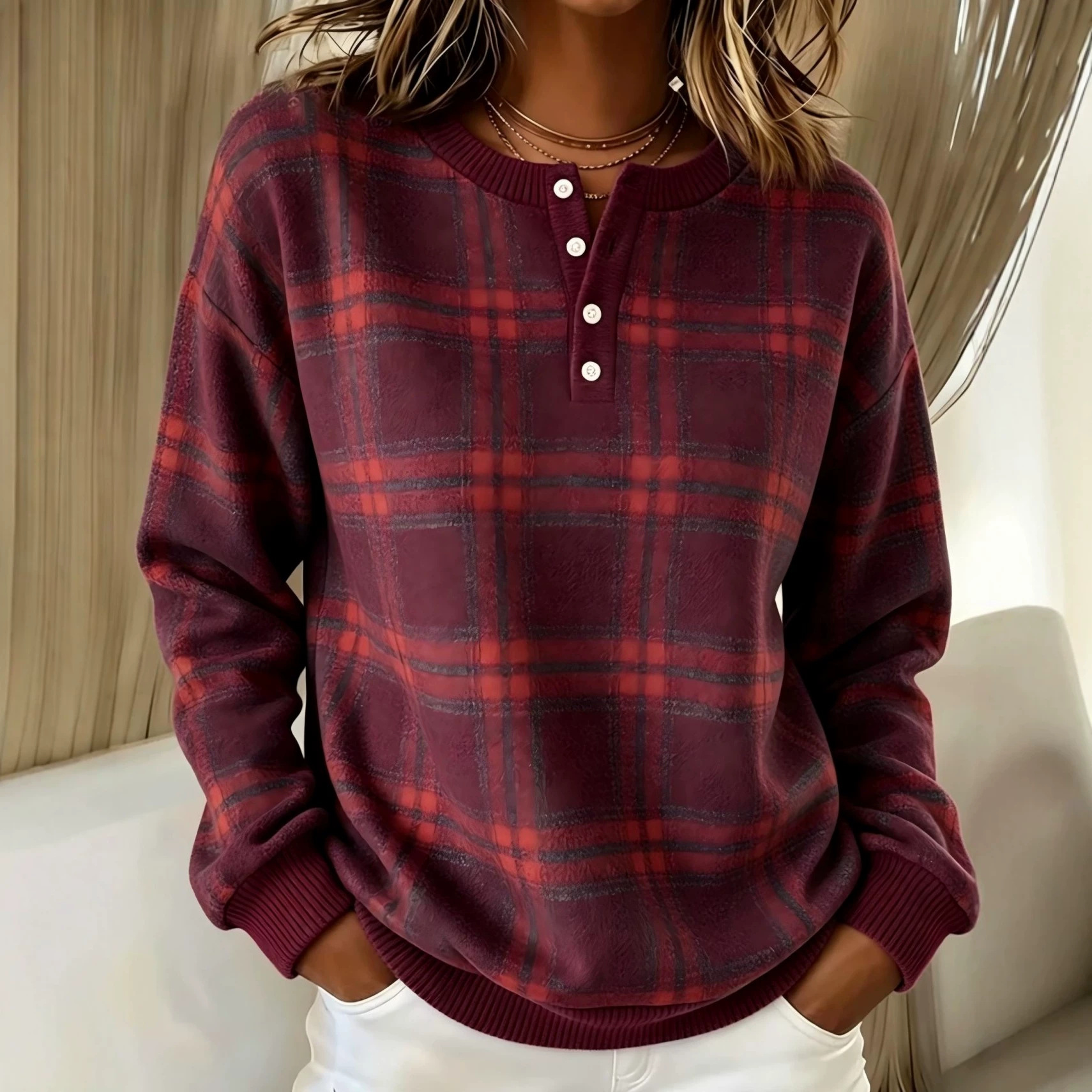 Women's Retro Plaid Line Print Button Sweatshirt