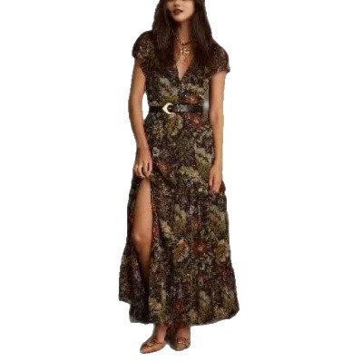 Women's Summer Chiffon Floral Print V-Neck Short Sleeve Slit Dress with Lining