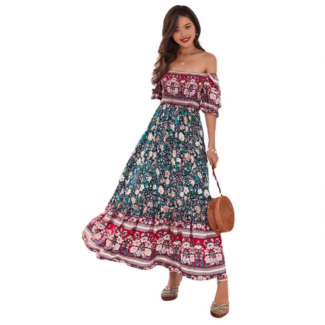 Boho Off-Shoulder Puff Sleeve Ruffle Maxi Dress