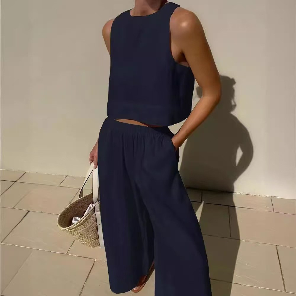 Women's Sleeveless Cotton-Linen Wide-Leg Pants and Tank Set