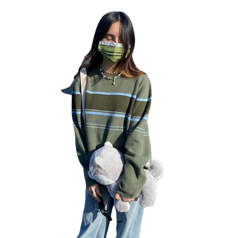 Women's American Retro Preppy Color-Block Striped Long-Sleeve Crewneck Knit Top