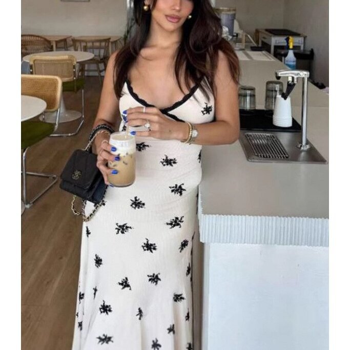 Women's V-Neck Open-Back Cami Dress Slim Fit Floral Print
