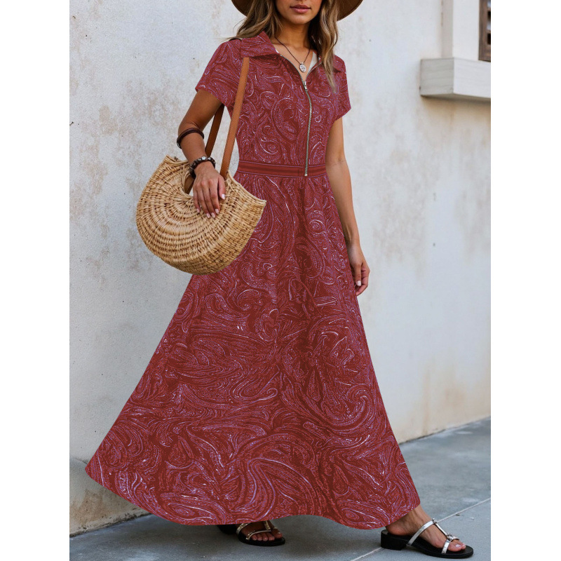 Retro Paisley Print Collared A-Line Midi Dress