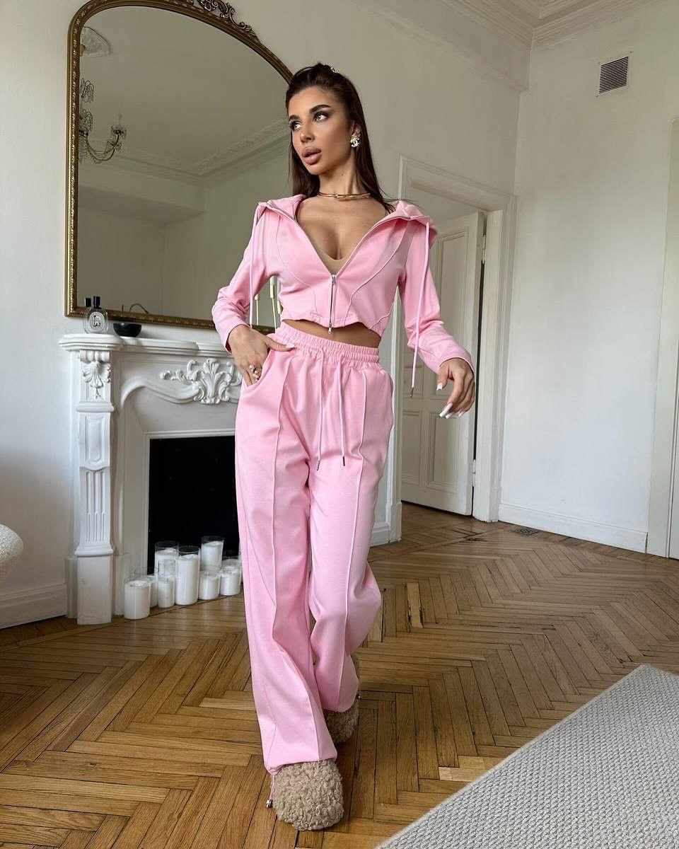 Women's Solid Color Long Sleeve Zip Crop Cardigan and Tie-Waist Pants Two-Piece Set