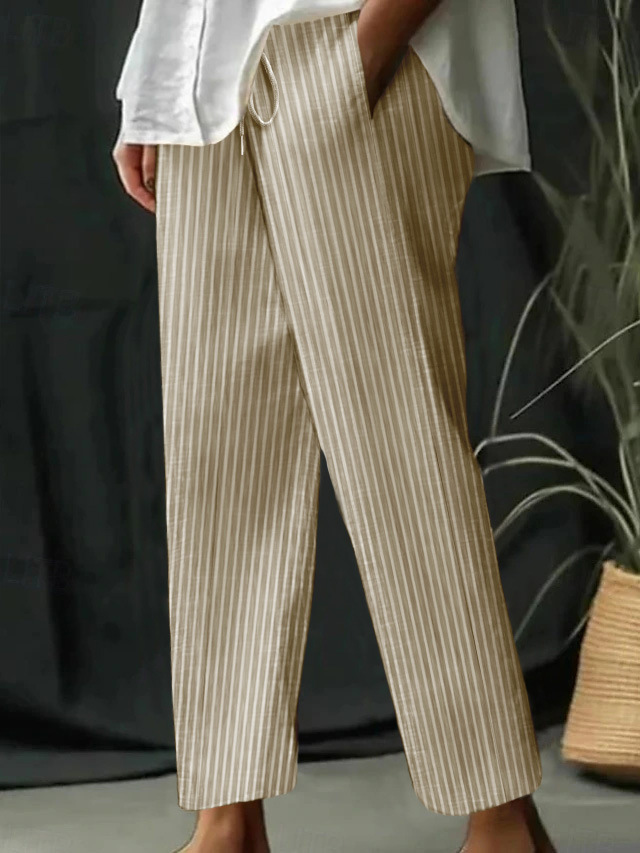 Striped & Solid Cotton-Linen Loose Casual Pants