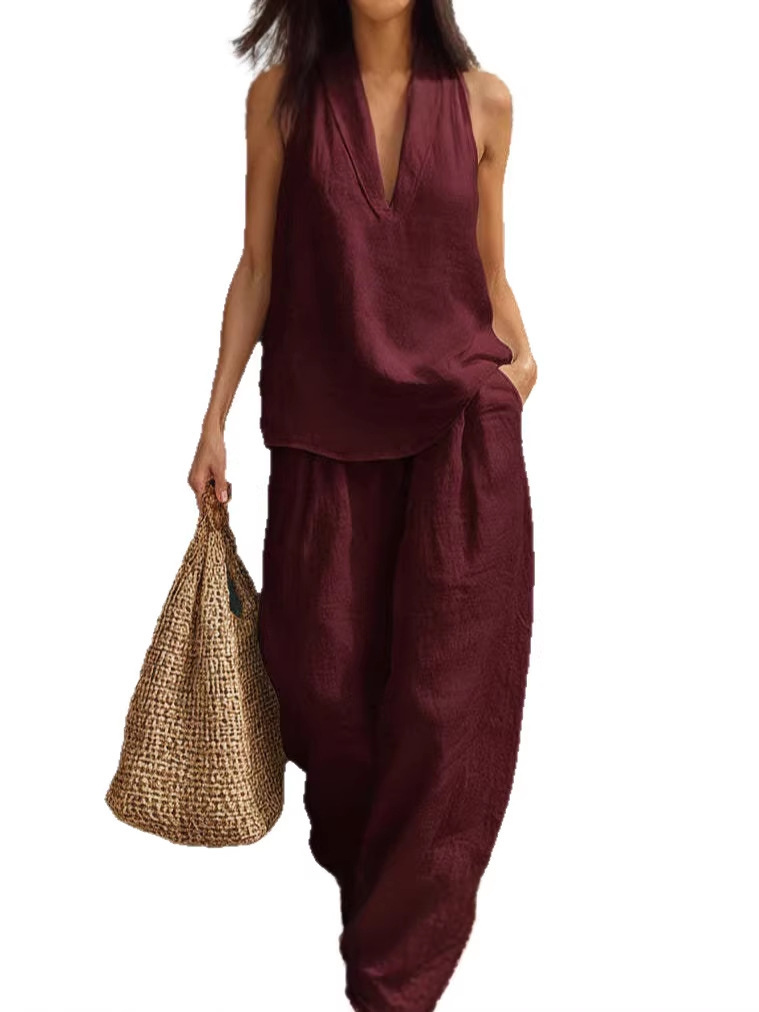 Women's Halter V-Neck Two-Piece Pant Set Casual Loose Fit