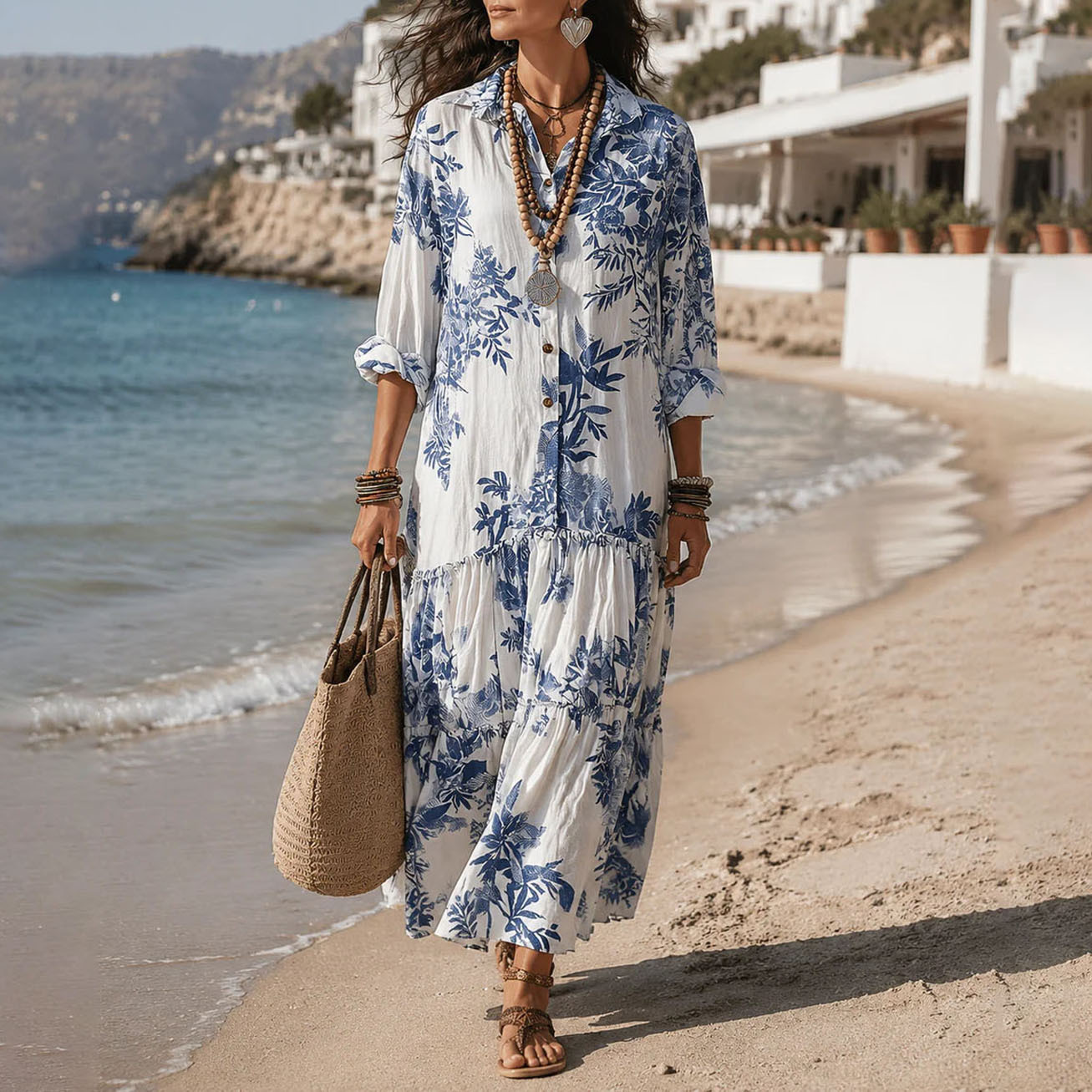 Women's Boho Floral Print Long Sleeve Collared Shirt Dress