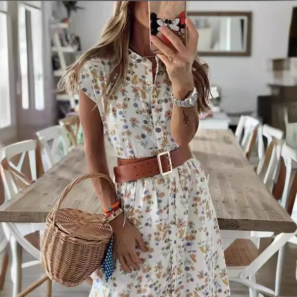 Floral Print Split Midi Dress with Belt