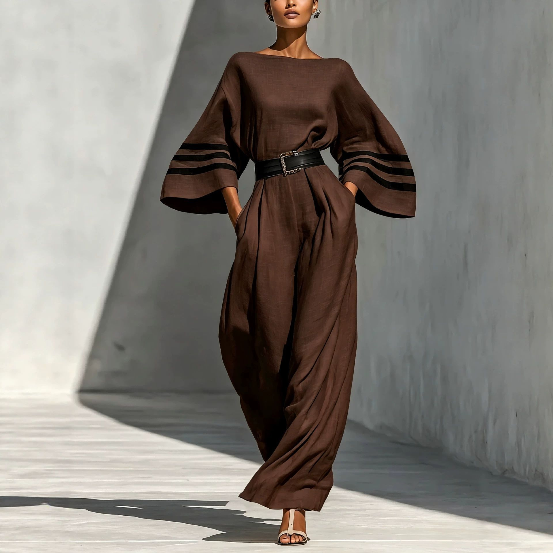 Women's French Style Wide-Leg Jumpsuit Long Sleeve Minimalist Commuter