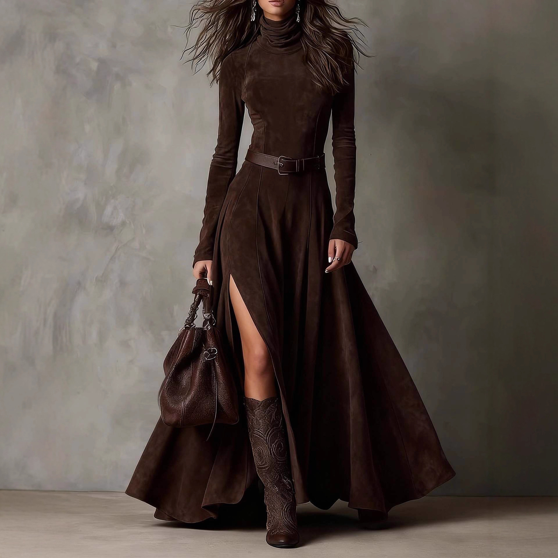 Women's Faux Suede Long Mermaid Dress with Belt