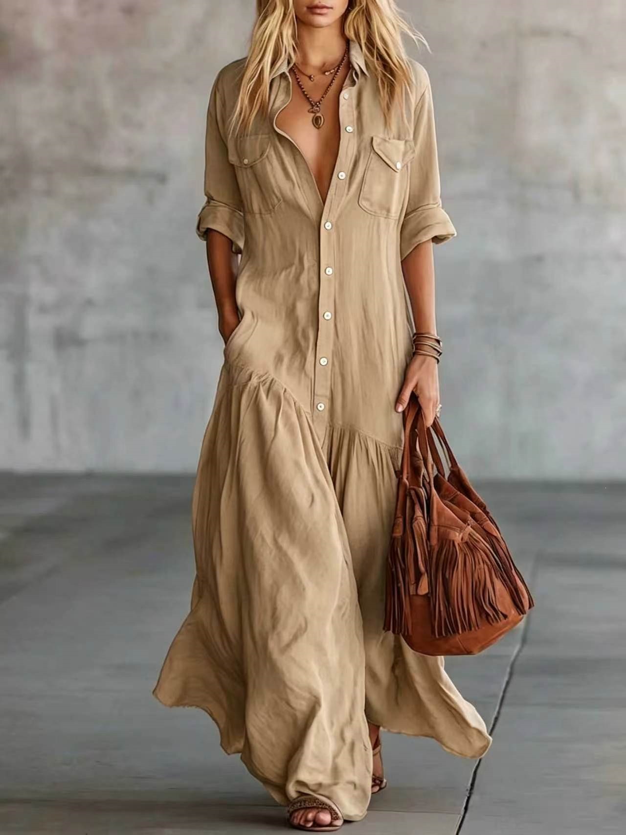 Women's Button-Detail Patchwork Shirt Dress Long A-Line Summer