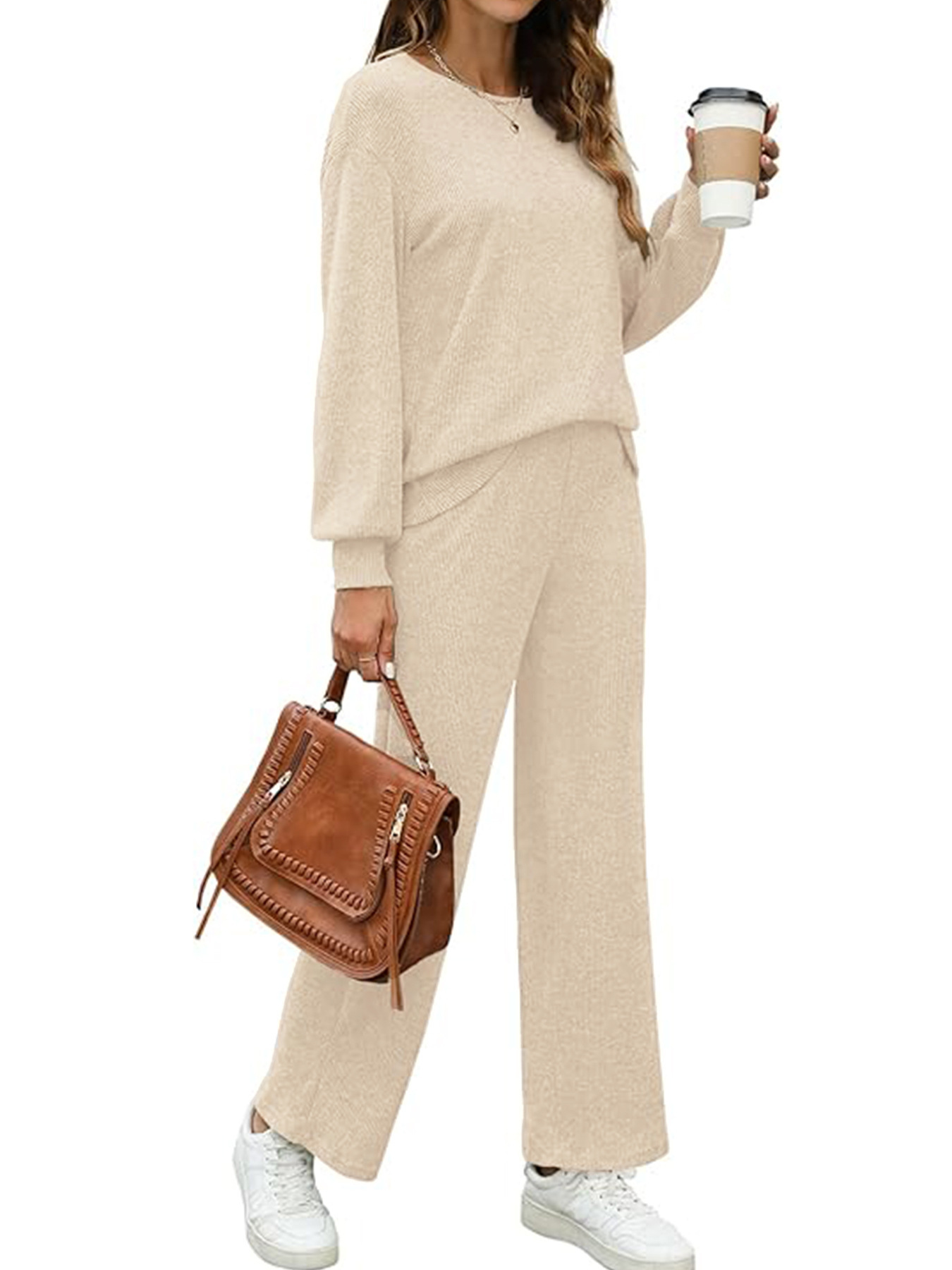 Minimalist Solid Knit Two-Piece Set: Crewneck Drop-Shoulder Long-Sleeve Top + High-Waist Wide-Leg Pants