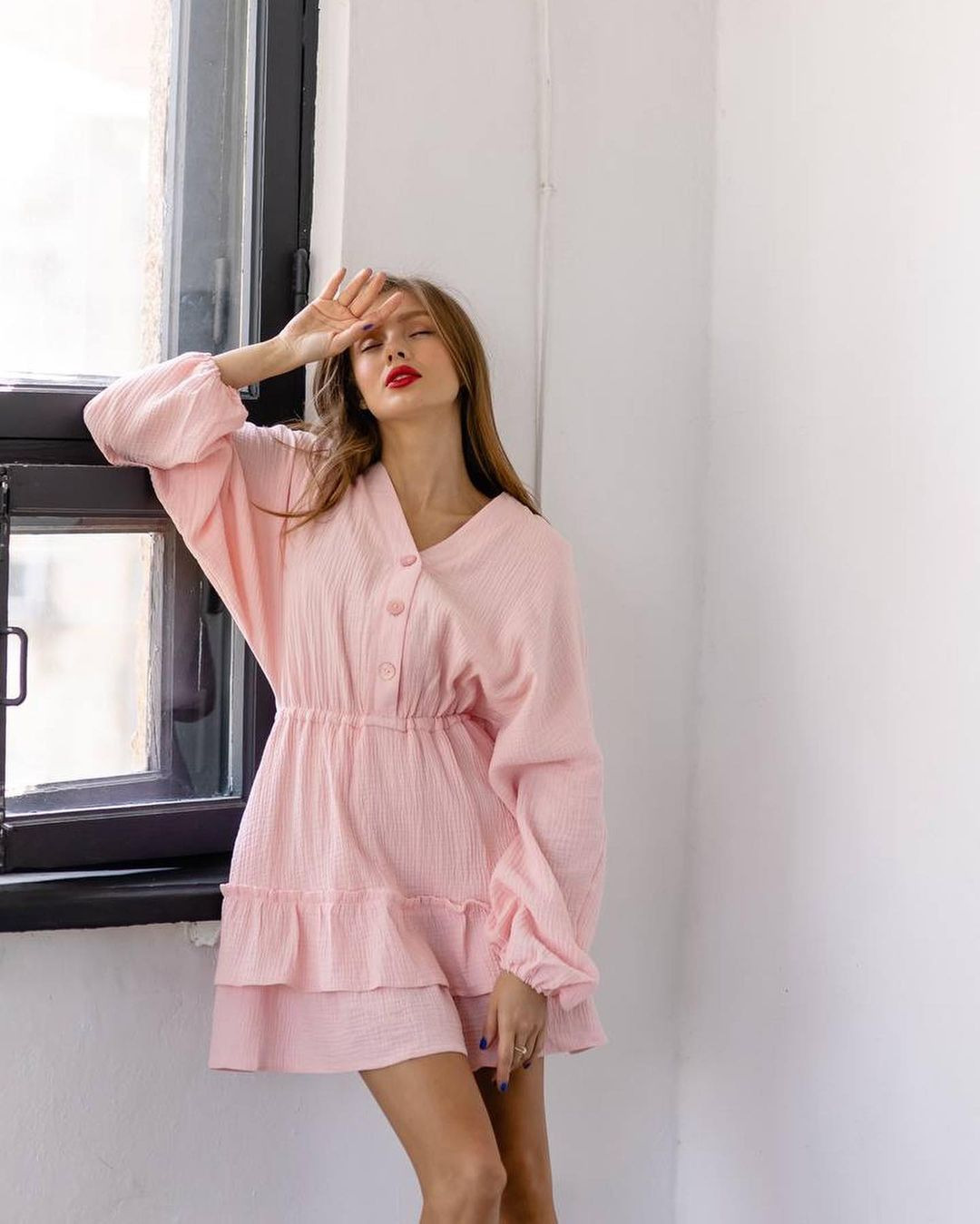 Solid Long Sleeve V-Neck A-Line Dress
