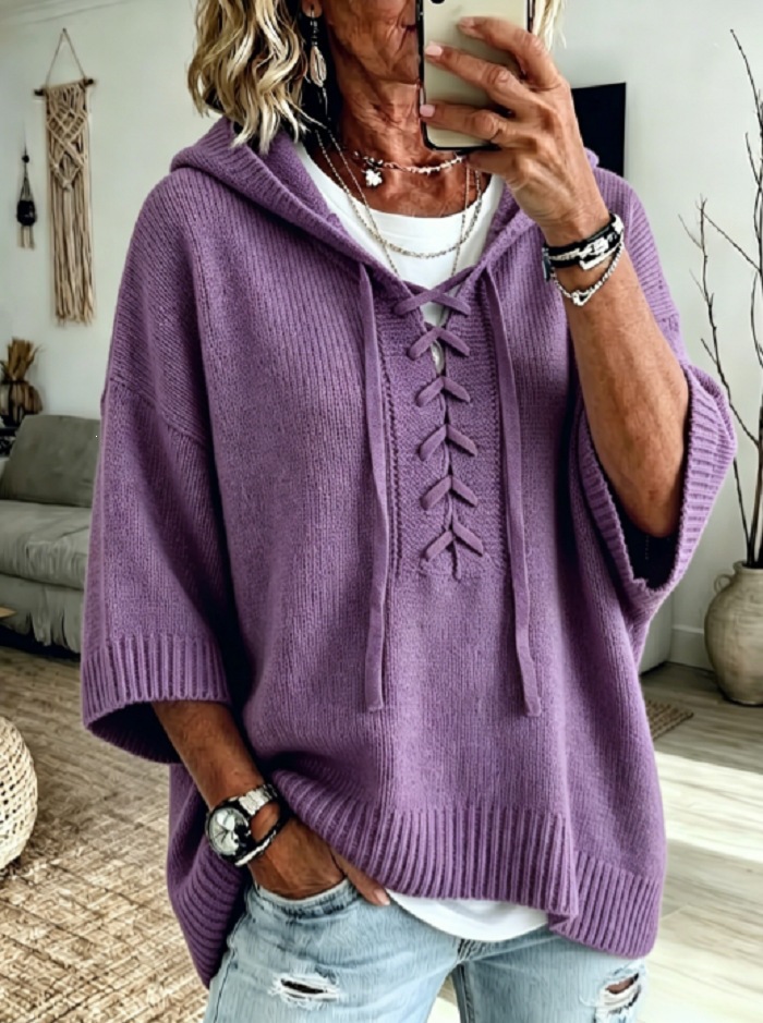Lace-Up Hooded 3/4 Sleeve Knit Sweater Loose Pullover Top
