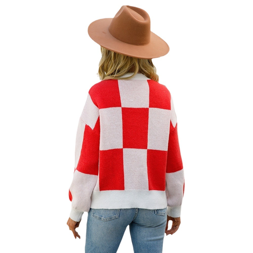 Striped Plaid Crewneck Knit Pullover Sweater