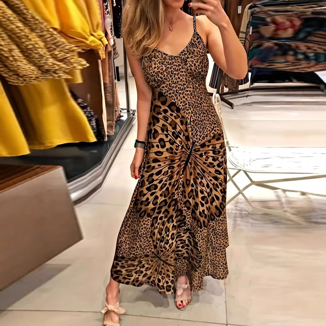 Women's Leopard Butterfly Print V-Neck Sleeveless Maxi Dress