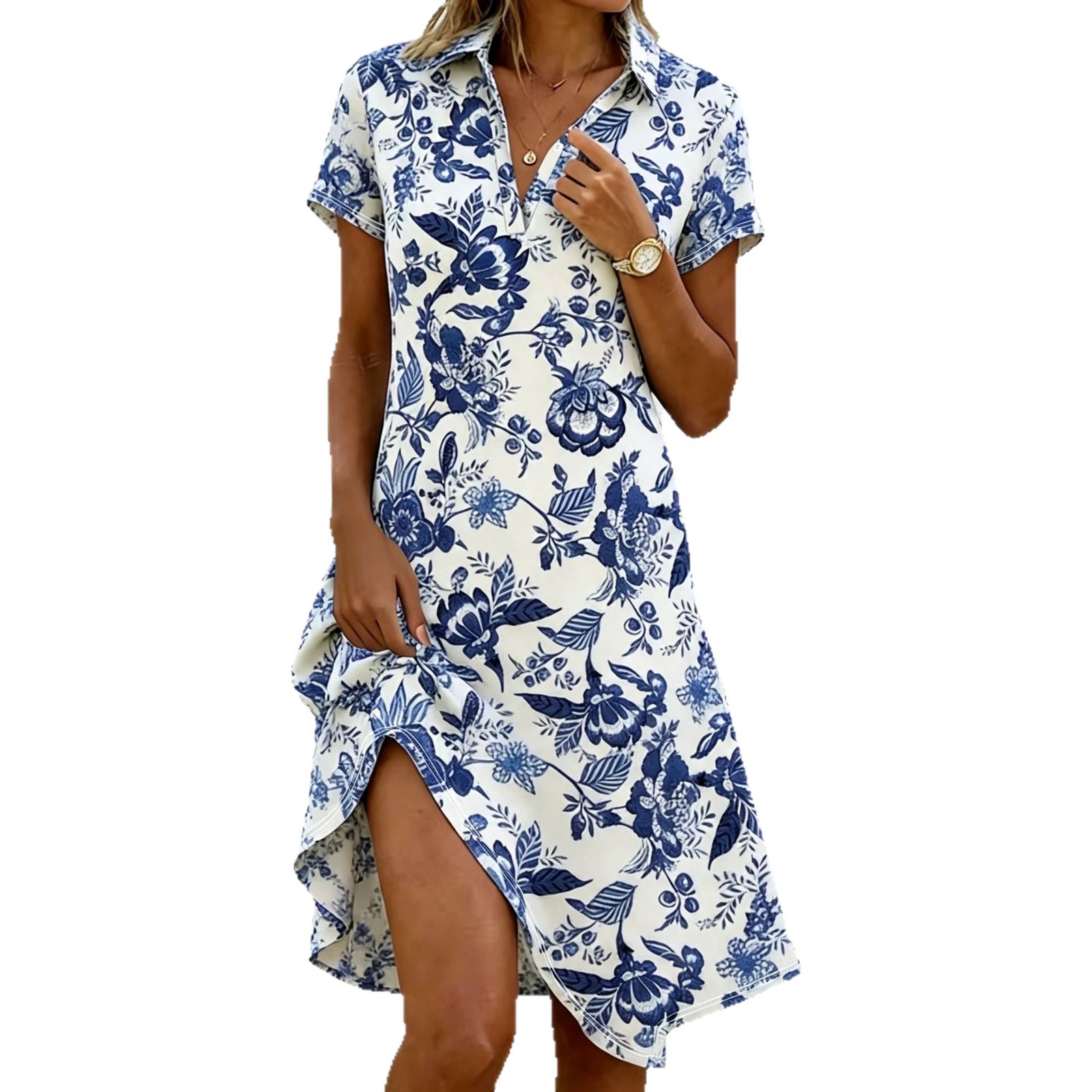 Women's Floral Print Midi Dress with Lapel Collar