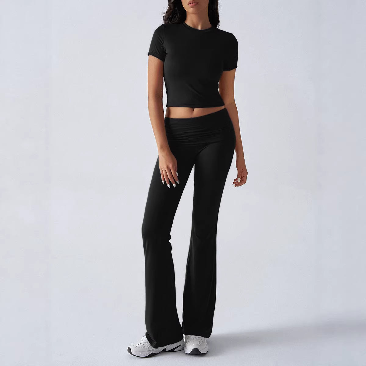 Women's Solid Color Slim Fit Short Sleeve Top and Pants Set