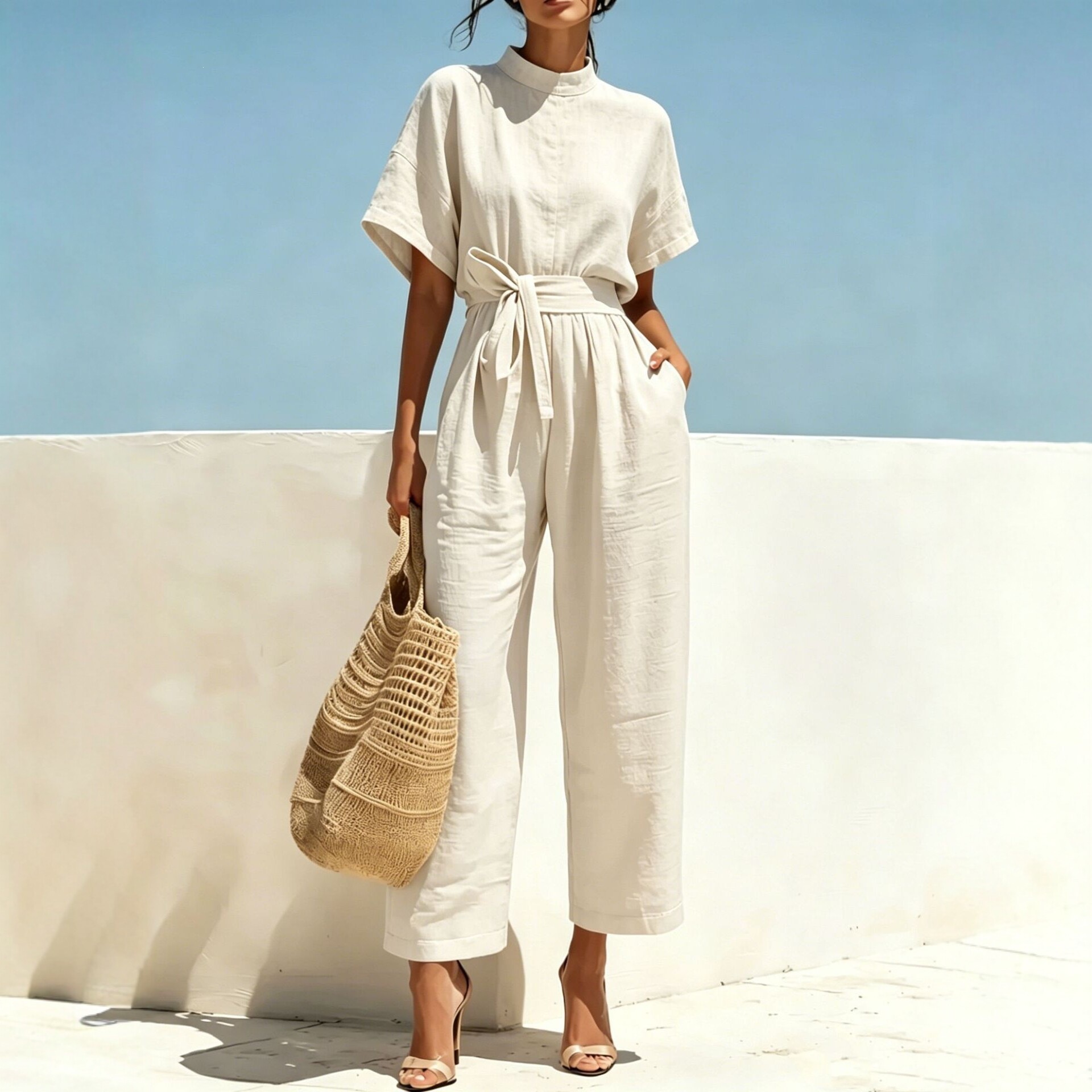 Women's Half-Turtleneck Wide-Leg Jumpsuit Solid Color