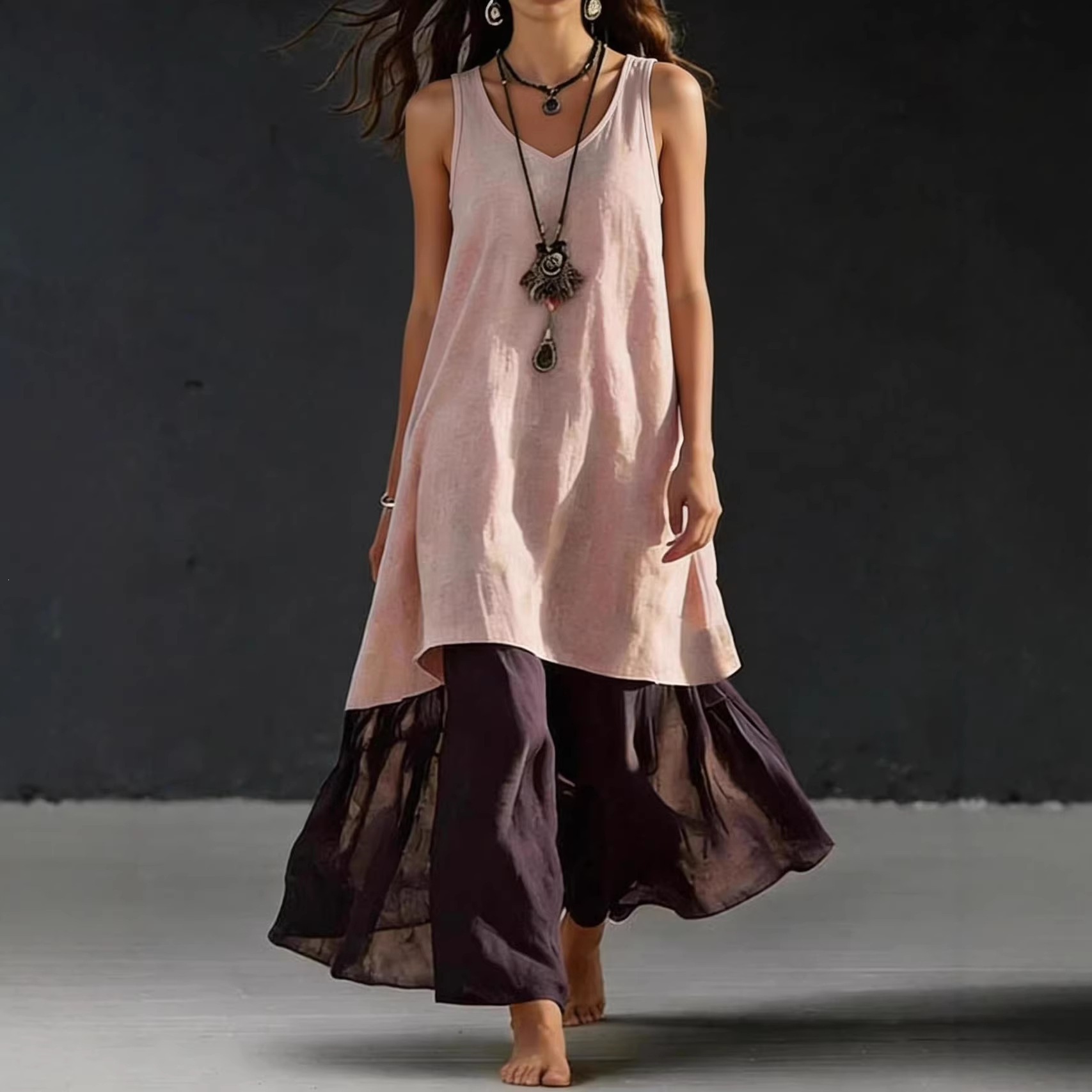 Solid Color Sleeveless V-Neck A-Line Maxi Dress