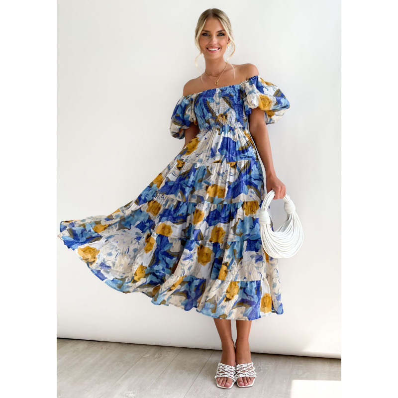 Square Neck Lantern Sleeve High Waist Off-Shoulder Loose Long Dress