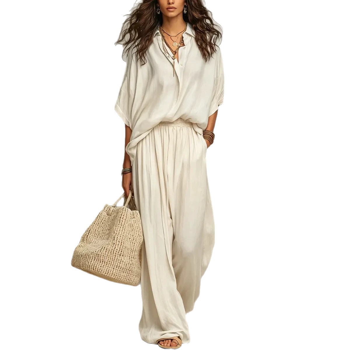 Women's Casual Cotton-Linen Shirt and Wide-Leg Pants Set