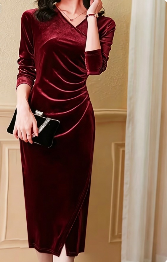 Pleated Velvet Long Sleeve V-Neck High Slit Evening Dress