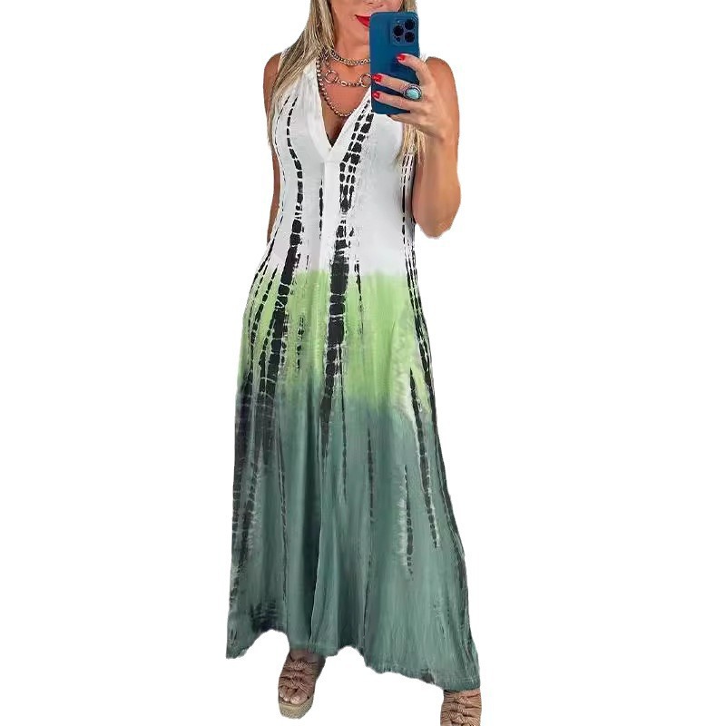 V-Neck Printed A-Line Maxi Dress Sleeveless Casual