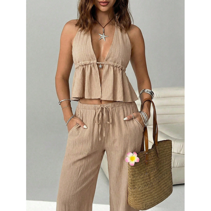 Women's Halter V-Neck Open-Back Ruched Top & Wide-Leg Pants Set