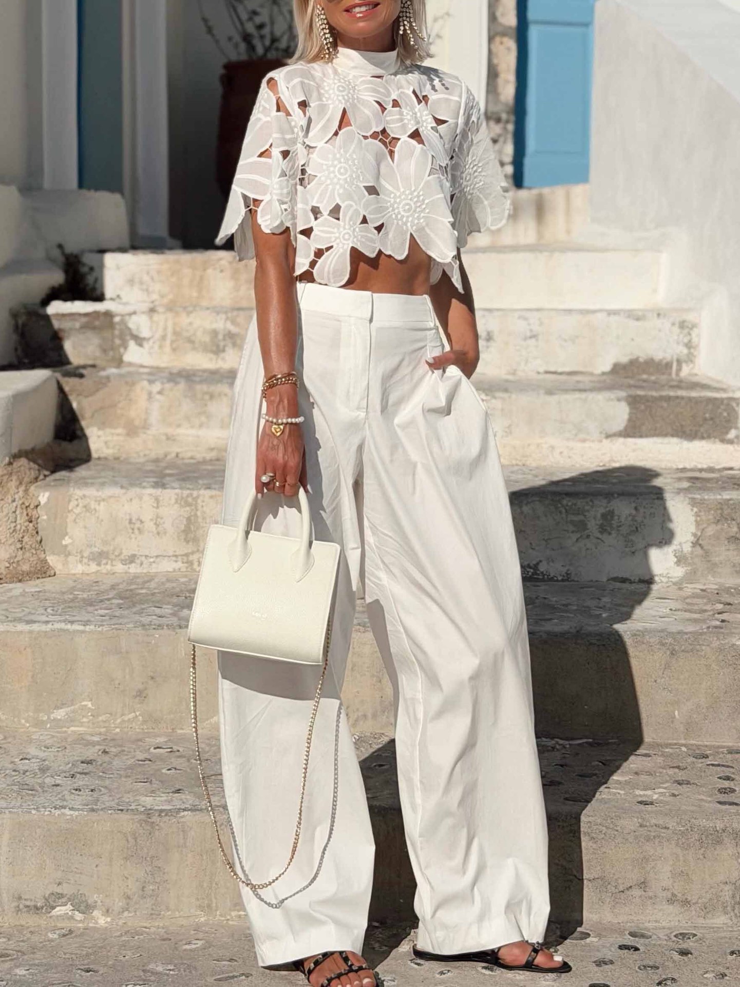 Women's Lace Hollow-Out Top and Wide-Leg Pants Set