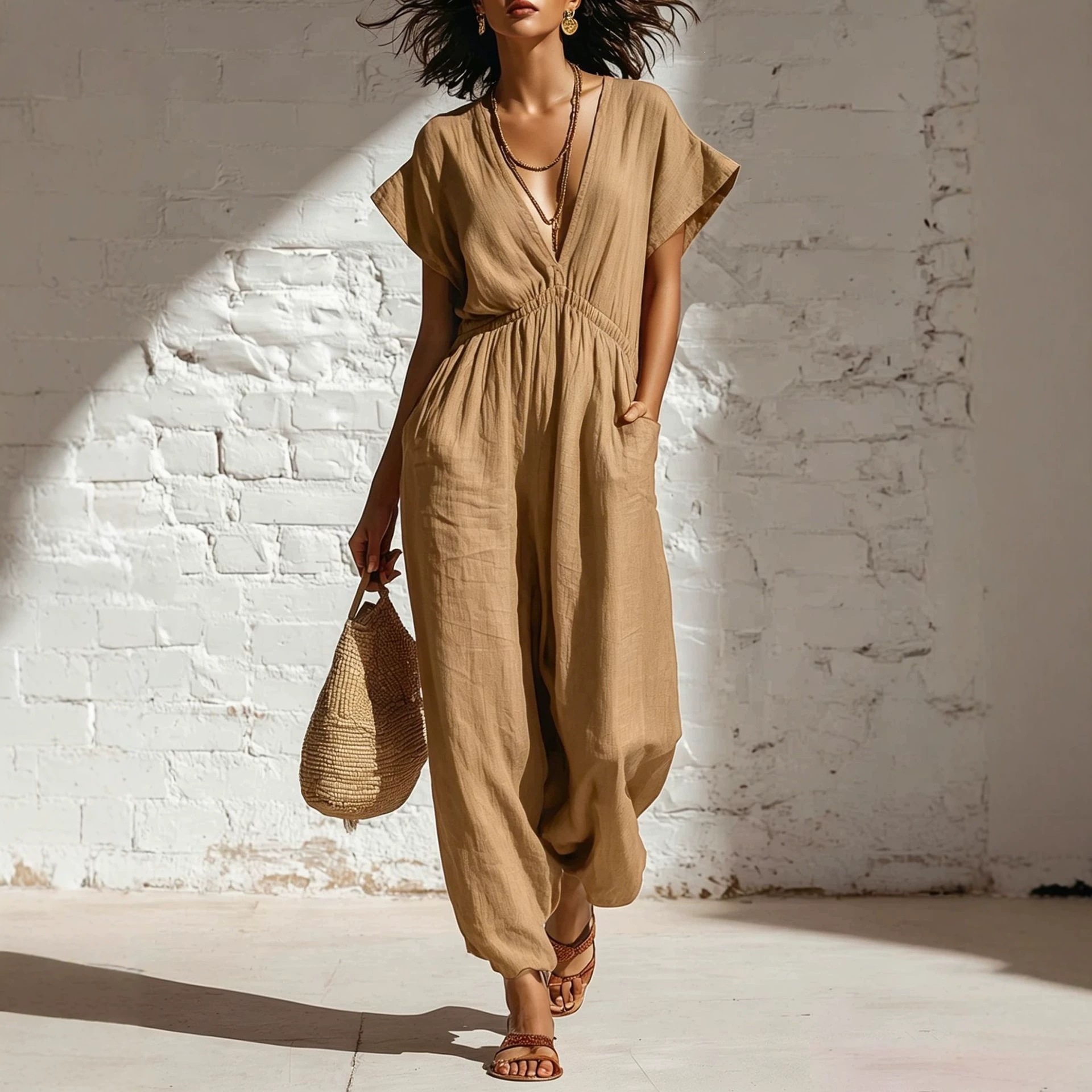 Women's Summer Deep V-Neck Wide-Leg Jumpsuit with Waist Tie Streetwear