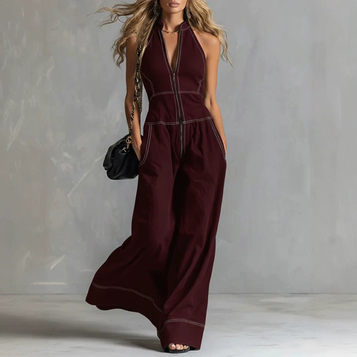 Women's Sleeveless Stand Collar Wide-Leg Jumpsuit