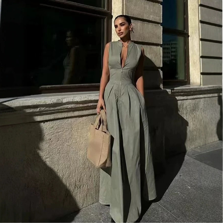 Women's Sleeveless A-Line Midi Dress with Round Neck and Waist-Cinching Fit