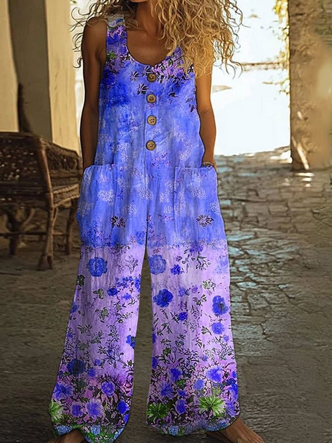 3D Floral Print Sleeveless Jumpsuit with Pockets