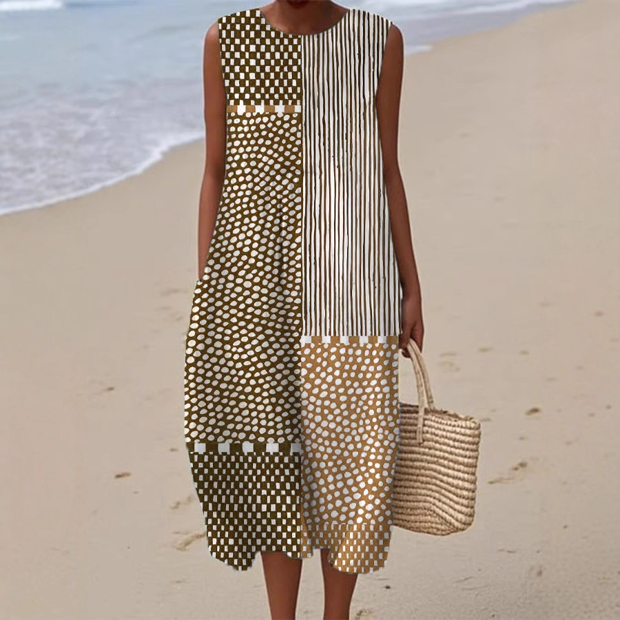 Women's Sleeveless Polka Dot Floral Midi Dress Casual