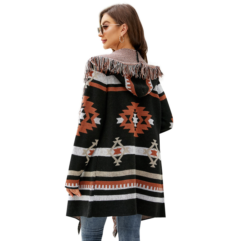 Oversized Hooded Long Fringe Geometric Jacquard Cardigan
