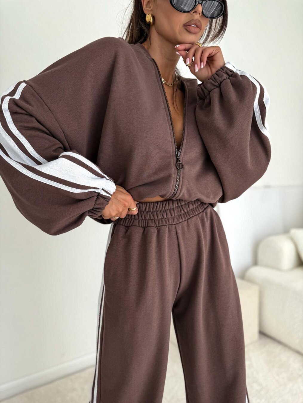 Women's Striped Hooded Cardigan Sweatshirt and Pants Two-Piece Set Long Sleeve