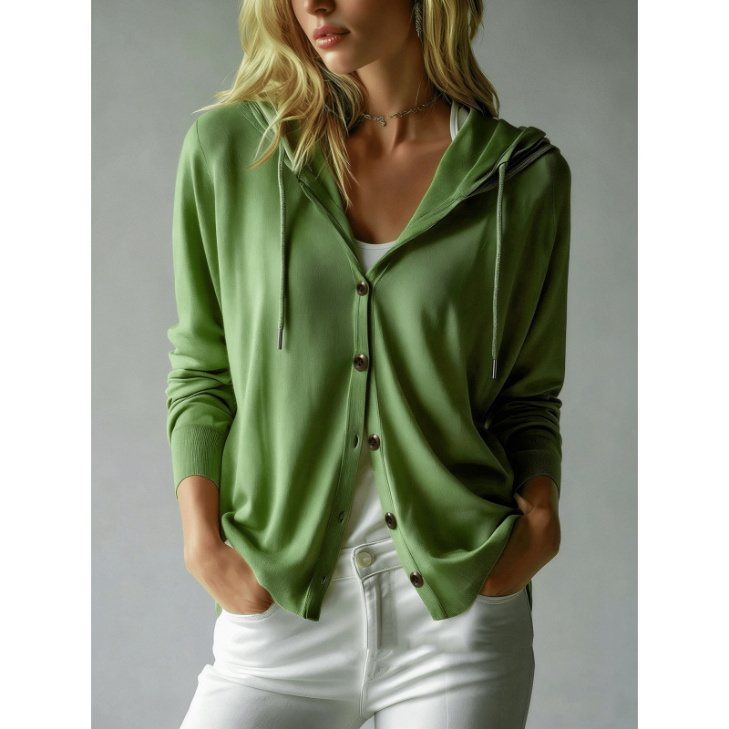 Women's Hooded Knit Cardigan Solid Color Long Sleeve Lightweight Loose Fit