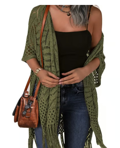 Plus Size Sheer Fringe Knit Bikini Cover-Up Beach Cardigan