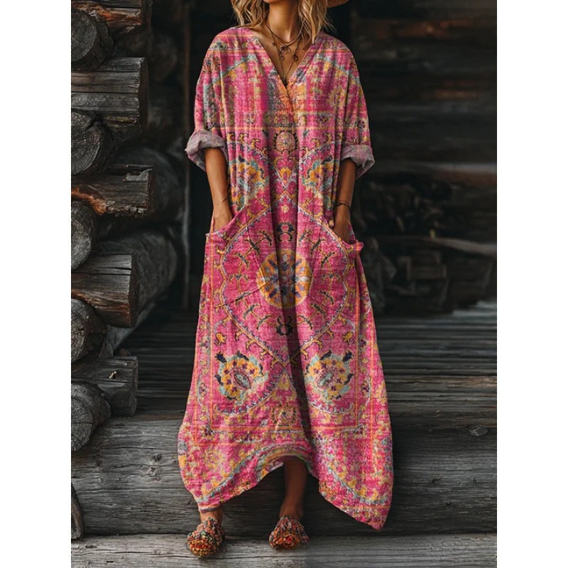 Women's Floral Ripple Print V-Neck A-Line Midi Dress Long Sleeve