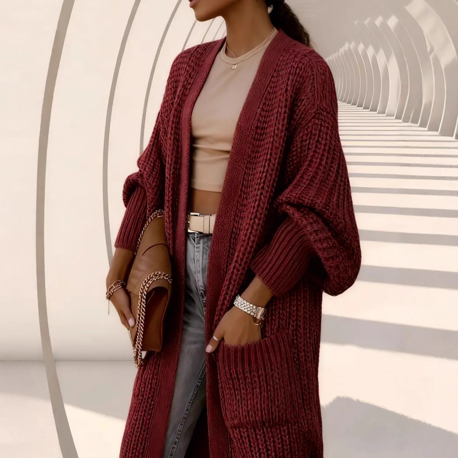 Women's Thick Knit Long Cardigan Sweater Coat Loose V-Neck Long Sleeve Midi