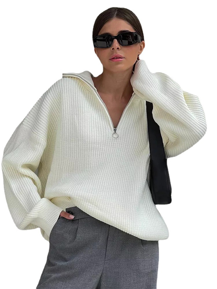 Women's V-Neck Zip Loose Knit Sweater