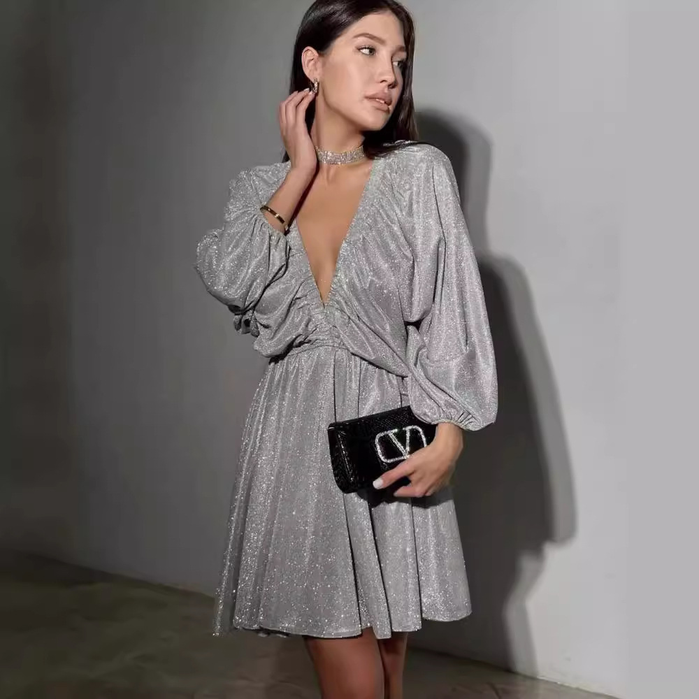 V-Neck Pleated Mini Dress Solid Color Long Sleeve High Waist