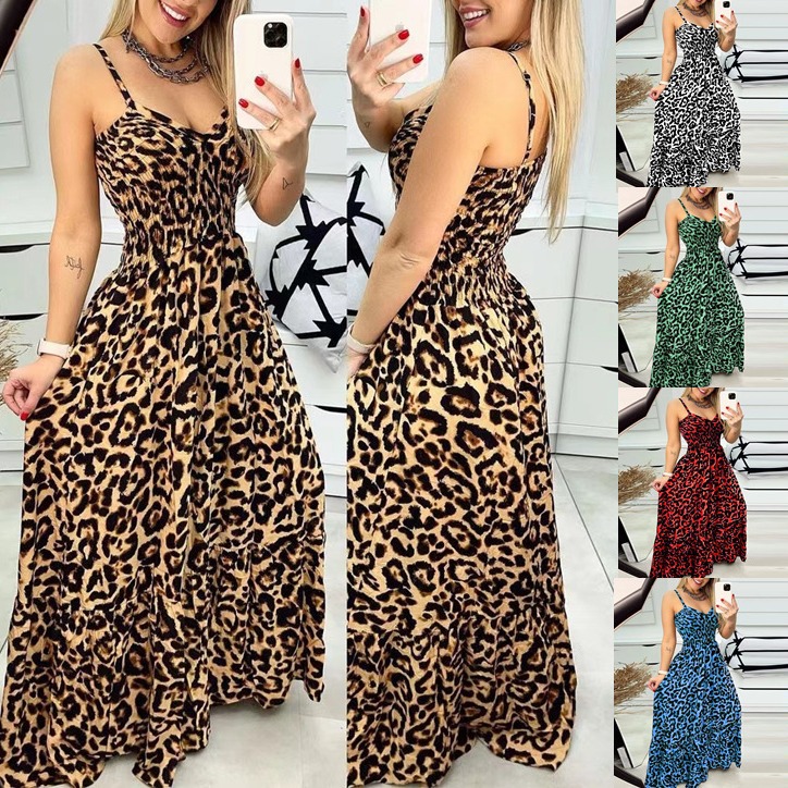 Leopard Print V-Neck Cami Maxi Dress High Waist Sexy