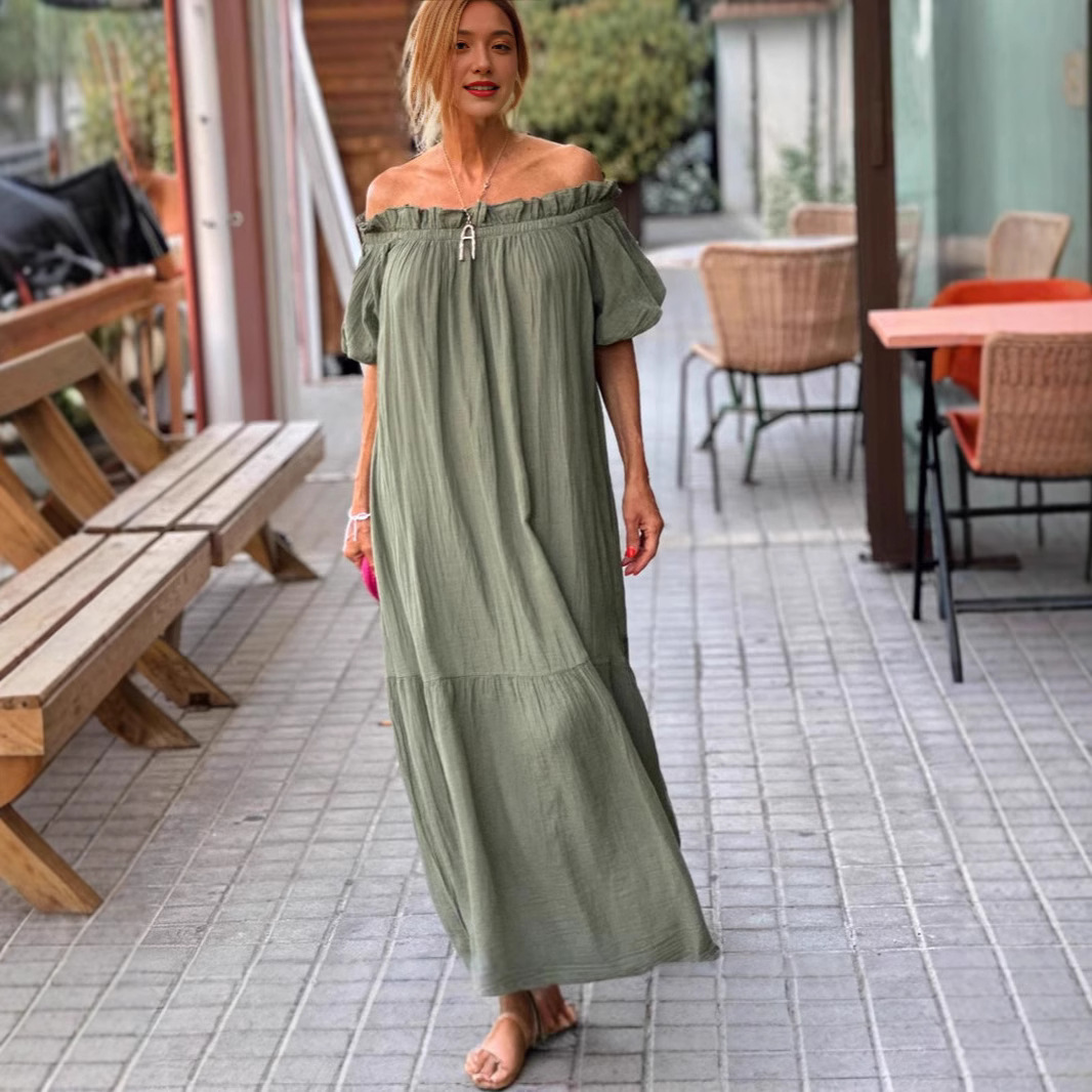 Off-Shoulder Ruffle Hem Solid Color Long Dress