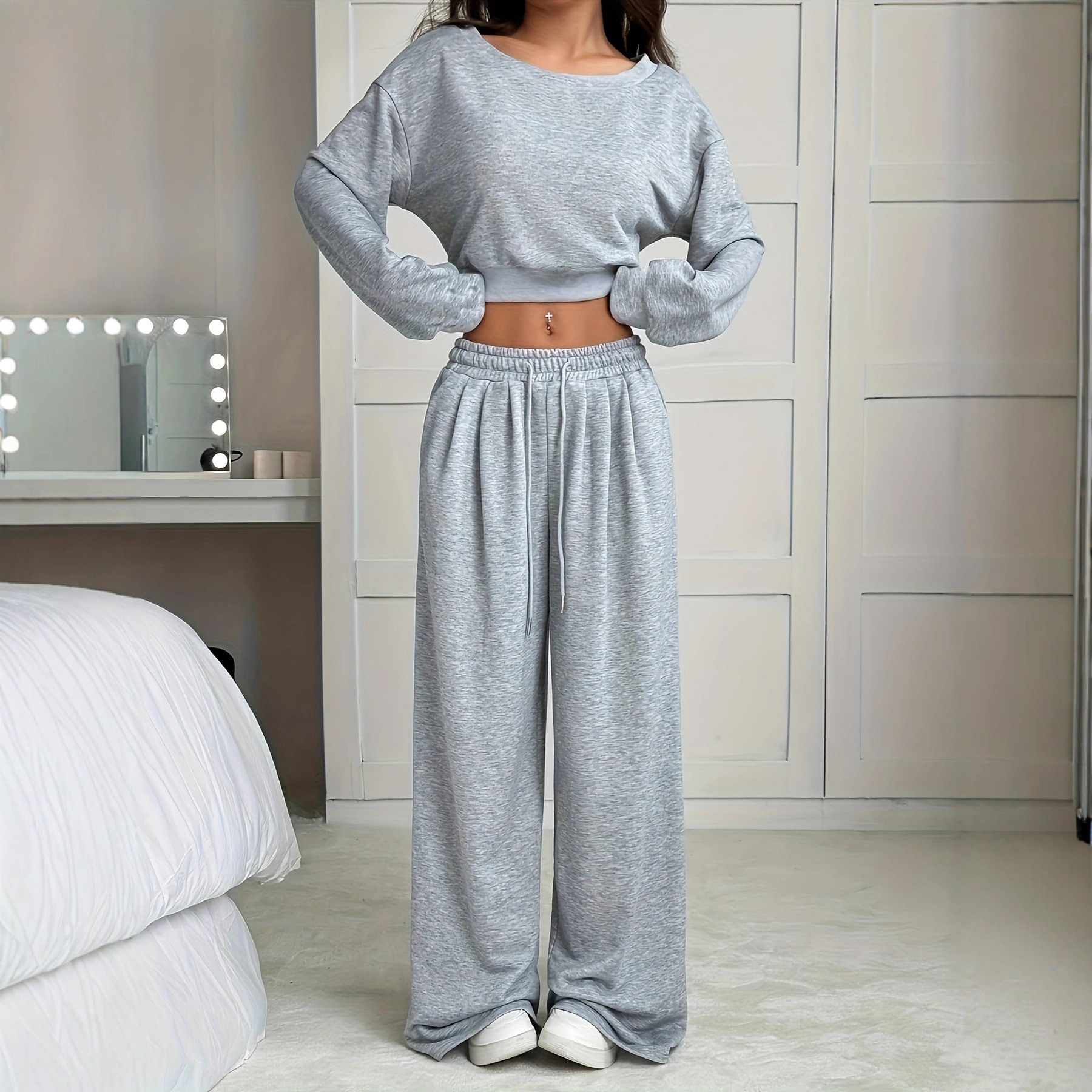 Women's High-Waist Wide-Leg Sweatpants Solid Color Drapey Lounge Pants