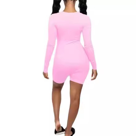 Women's Long Sleeve Deep V-Neck Buttoned Jumpsuit
