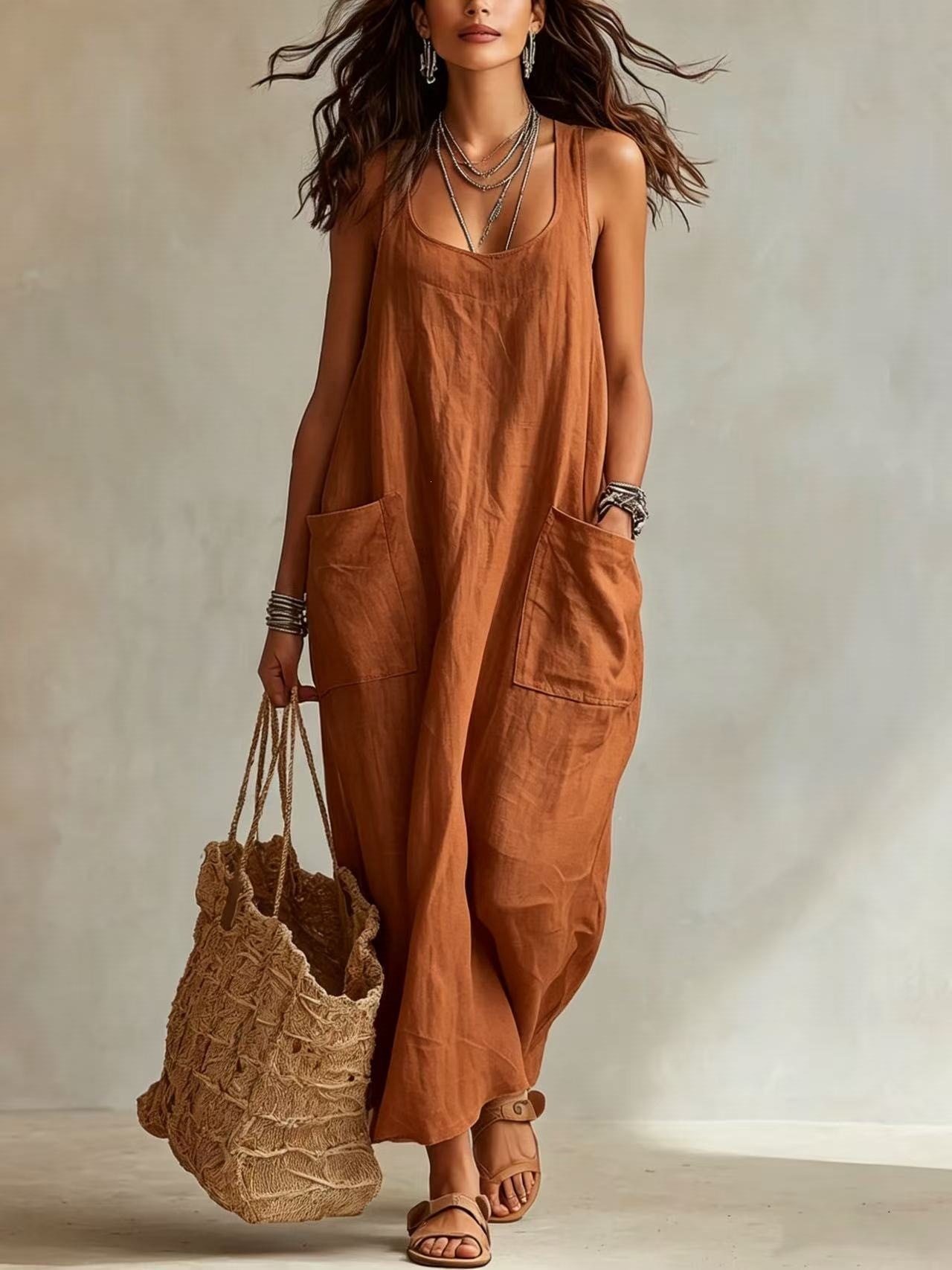 Women's Cotton-Linen Sleeveless A-Line Maxi Dress with Pockets