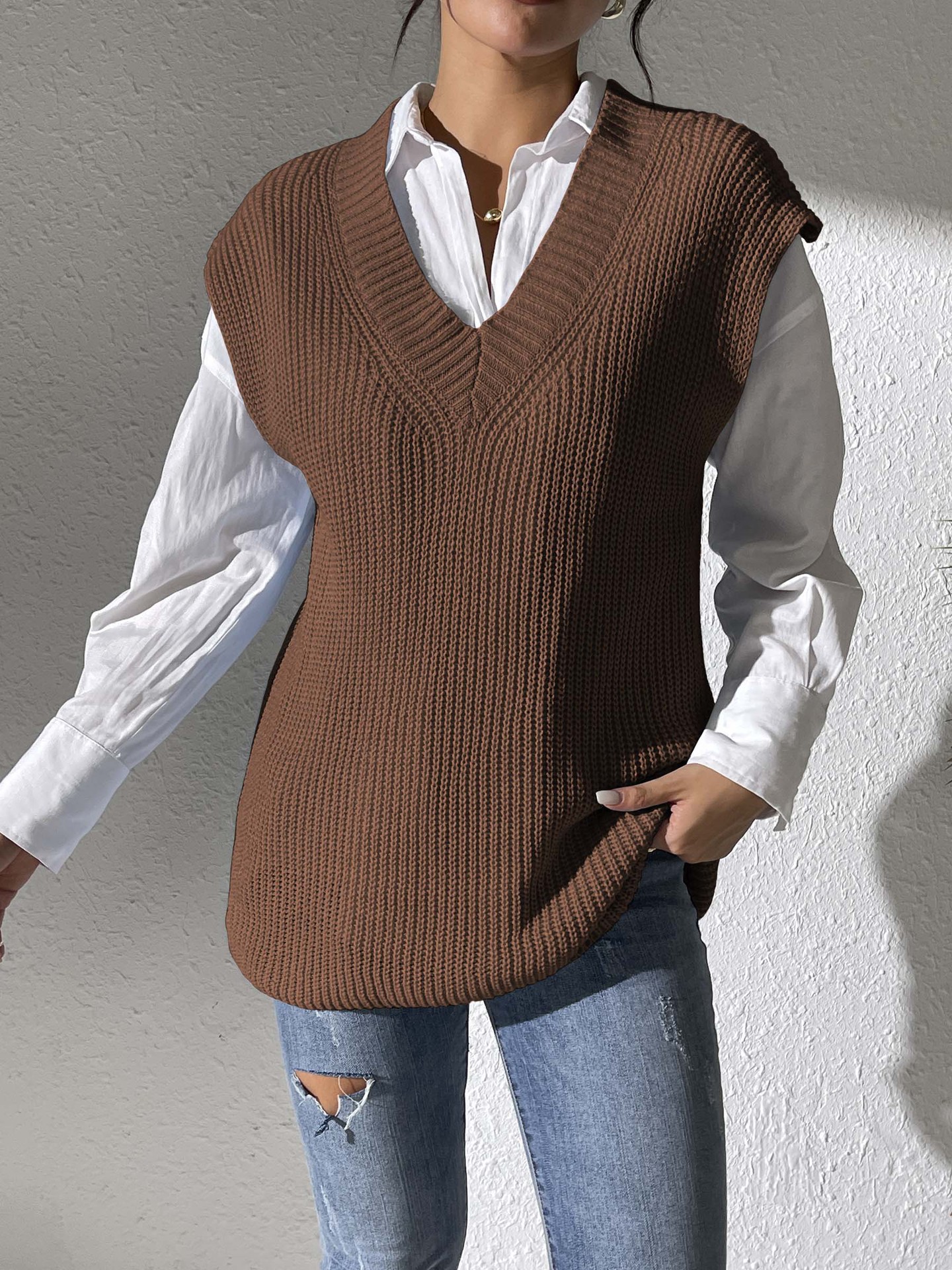 Women's V-Neck Sleeveless Sweater Vest Solid Color Knit Tank Top