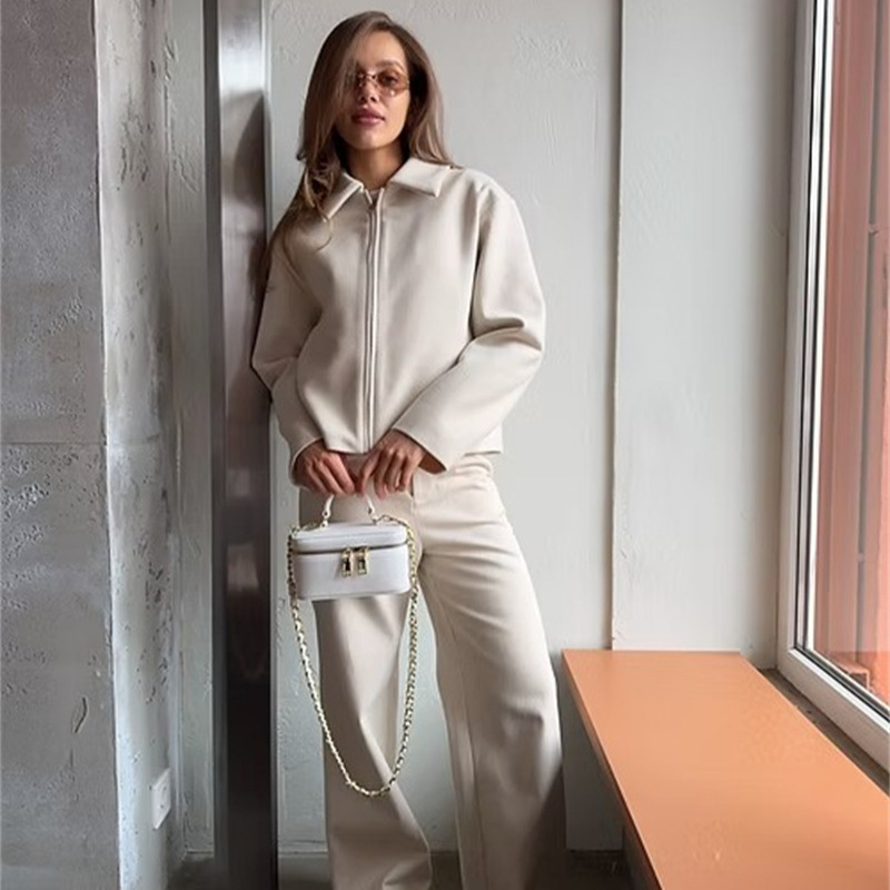 Women's Wool-Blend Zip Jacket with Lapel Collar Long Sleeve Loose Casual